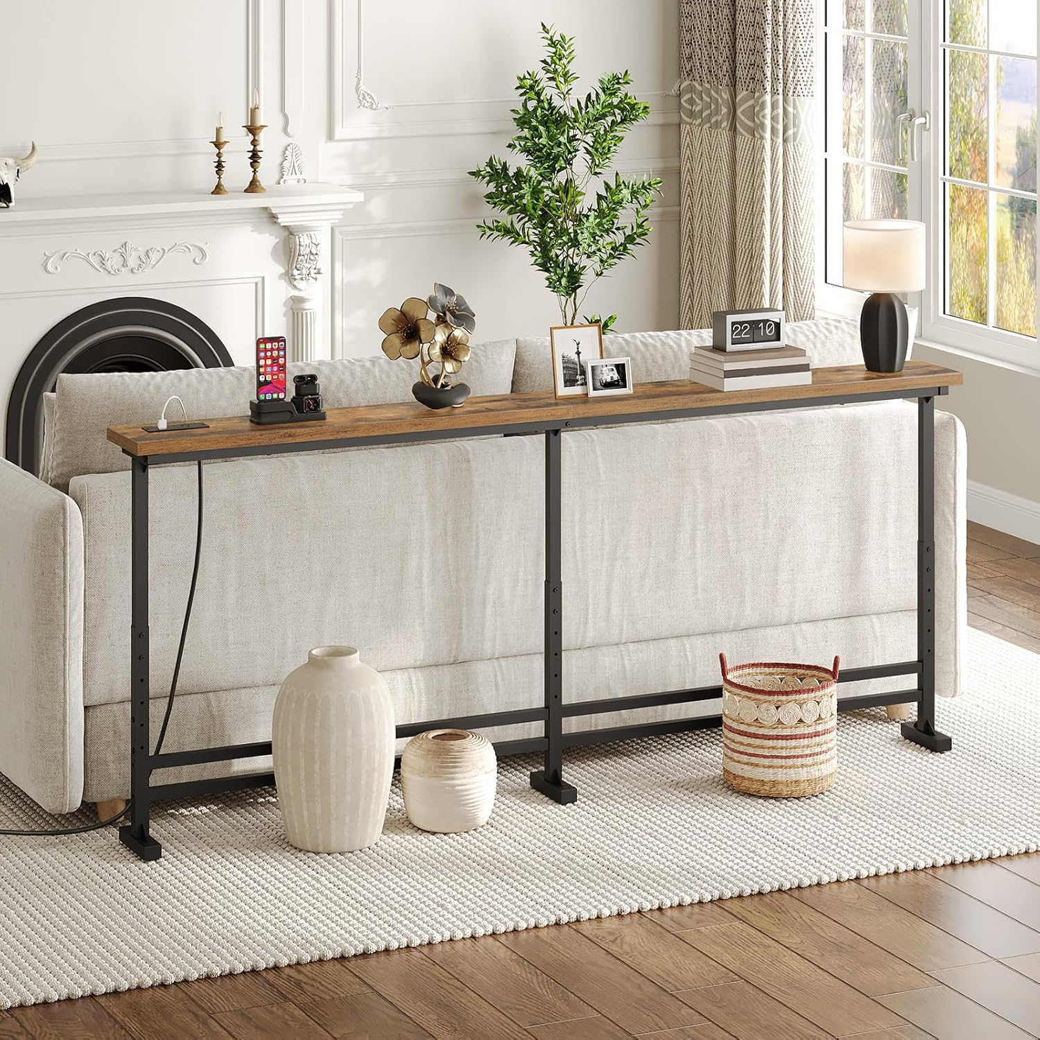 YATINEY 78.7" Console Table with Adjustable Height (27.6"-35.4") and Power Outlet, Skinny Behind Couch Table, Narrow Long Sofa Table for Living Room, Hallway, Entryway, Rustic Brown and Black CT09UBR