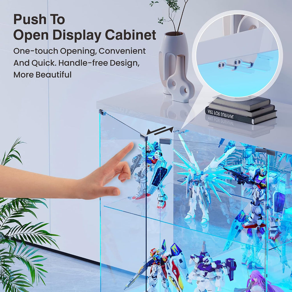 RGB Glass Display Cabinet - with Human Body Sensor, High Gloss Sideboard with Lock & Glass Shelves for Toys, Books, Collectibles, Liquor, Bookcase for Living Room, Kitchen, Study, White