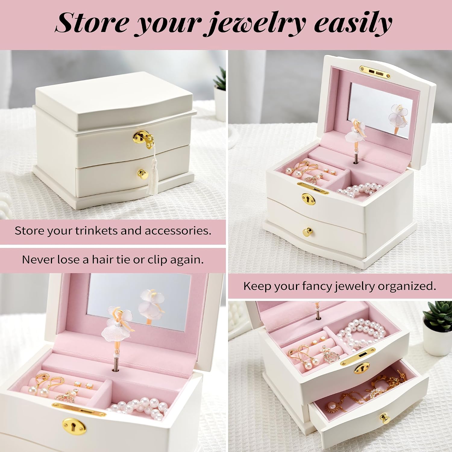 Ballerina Musical Jewelry Box with Mirror for girls，Kid's Jewelry Storage Music Chest (White-L)