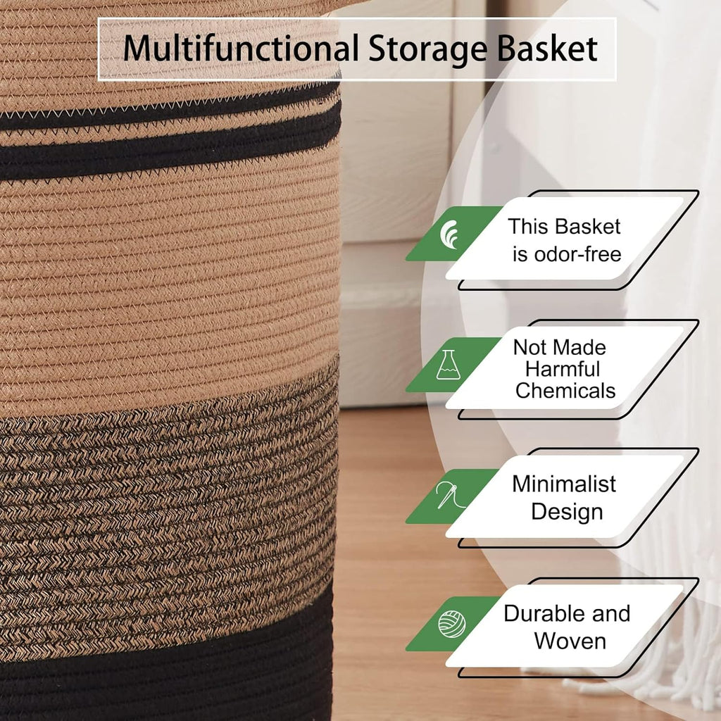 OIAHOMY 80L Laundry Baskets-Laundry Hamper,Storage Basket with Handles,Decorative Basket for Living room,Woven Storage Basket for Toys Bin,Pillows, Blankets,Clothes-20x18in-Yellow Black