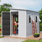 4x8 FT Plastic Storage Sheds Outdoor with Floor and Openable Window, Lean to Resin Shed Easy to Install, Compact Sheds & Outdoor Storage/Tool Shed for Garden & Backyard, Gray
