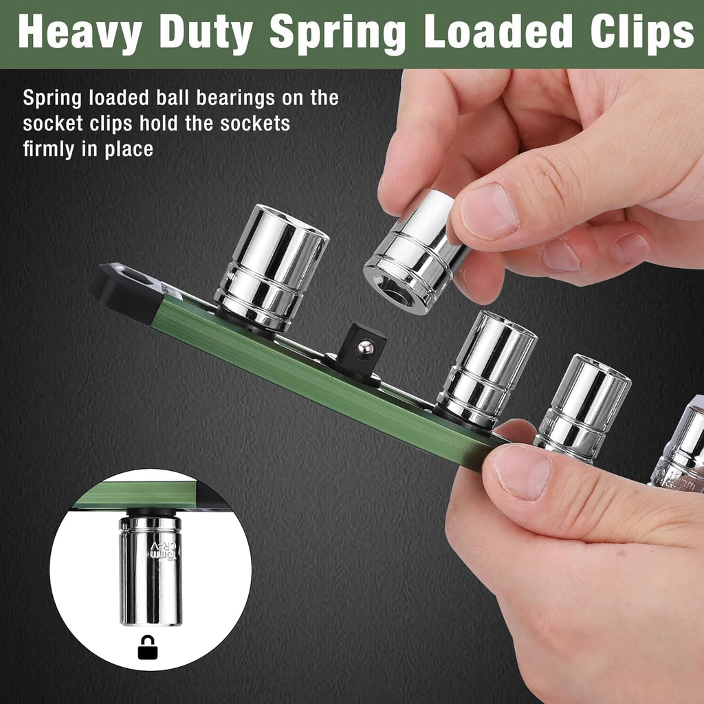 WORKPRO Magnetic Socket Organizer, 3/8-Inch Drive Aluminum Alloy Sockets Rail, Heavy Duty Sockets Holder, Socket Rack Kit 3/8-Inch x 10 Clips Green (Socket not Included)