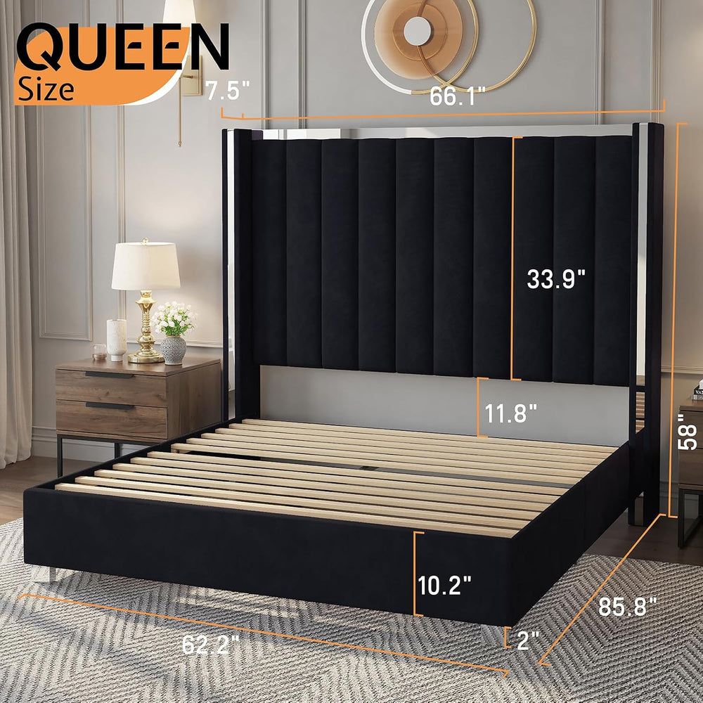 Jocisland Queen Upholstered Bed Frame with 58" Tall Headboard,Black