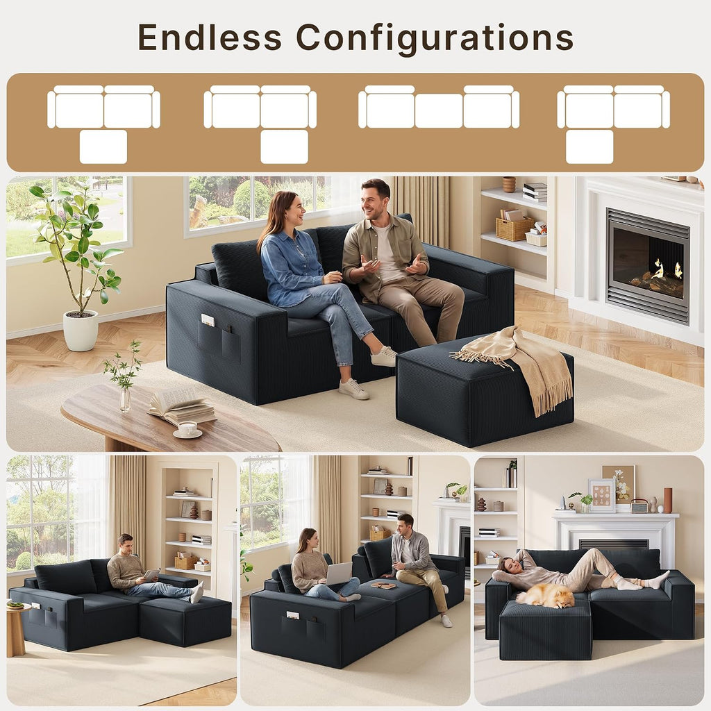 Boneless Cloud Couch, 80" Loveseat Sectional Sofa with Ottoman, Black | Corduroy No Assembly Modular L Shaped Floor Couch for Living Room, Small Space