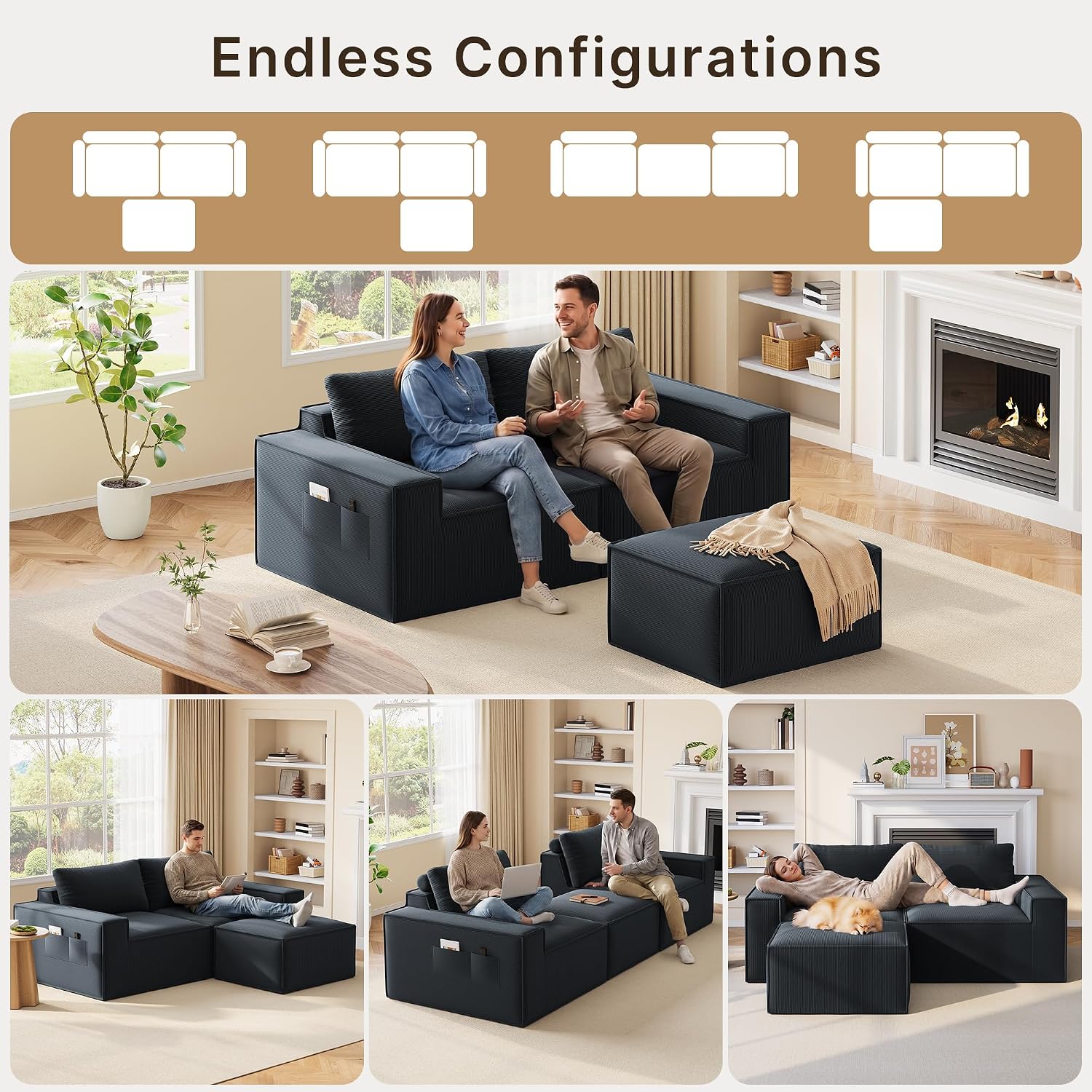 Boneless Cloud Couch, 80" Loveseat Sectional Sofa with Ottoman, Black | Corduroy No Assembly Modular L Shaped Floor Couch for Living Room, Small Space