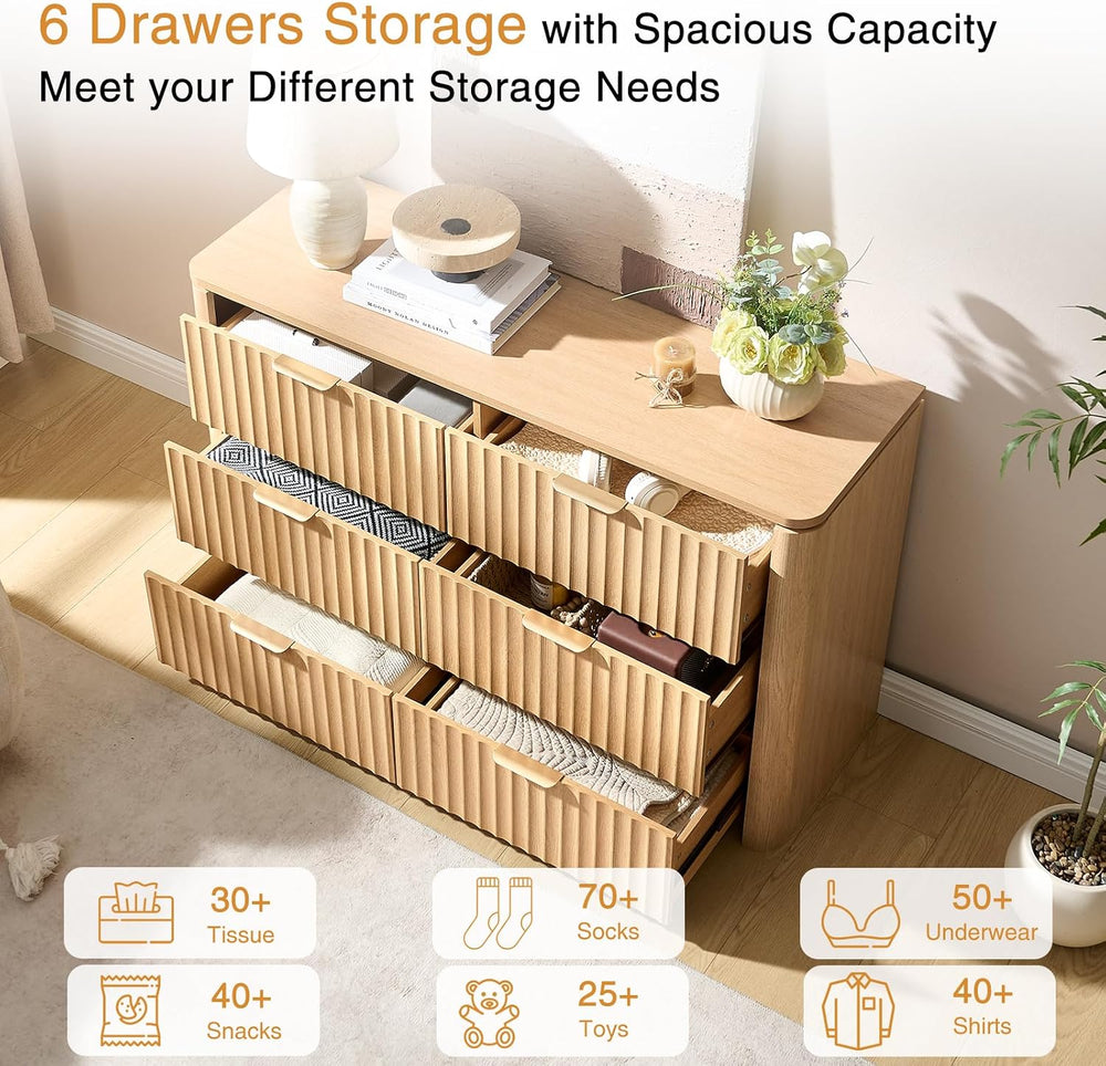 Fluted 6 Drawers Dresser for Bedroom-47.3" Wide Wooden Chest of Drawers ...