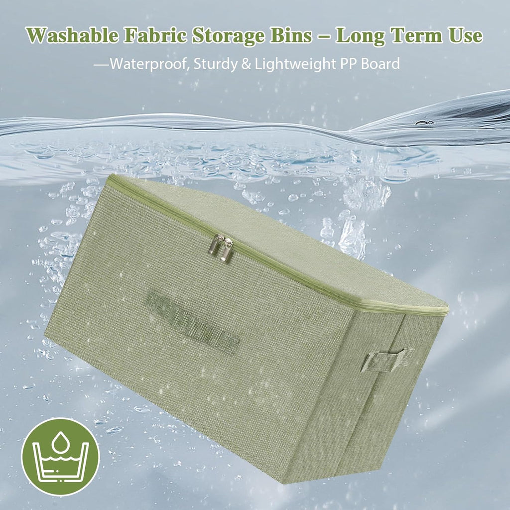 ANMINY Fabric Storage Bins with Zipper Lids, 15"x10"x6", Green, 1 PCS | 15.6Qt Cotton Linen Storage Box, PP Board Frame, Washable Collapsible, with Handles & 3-side Open Lid, Stackable, Small