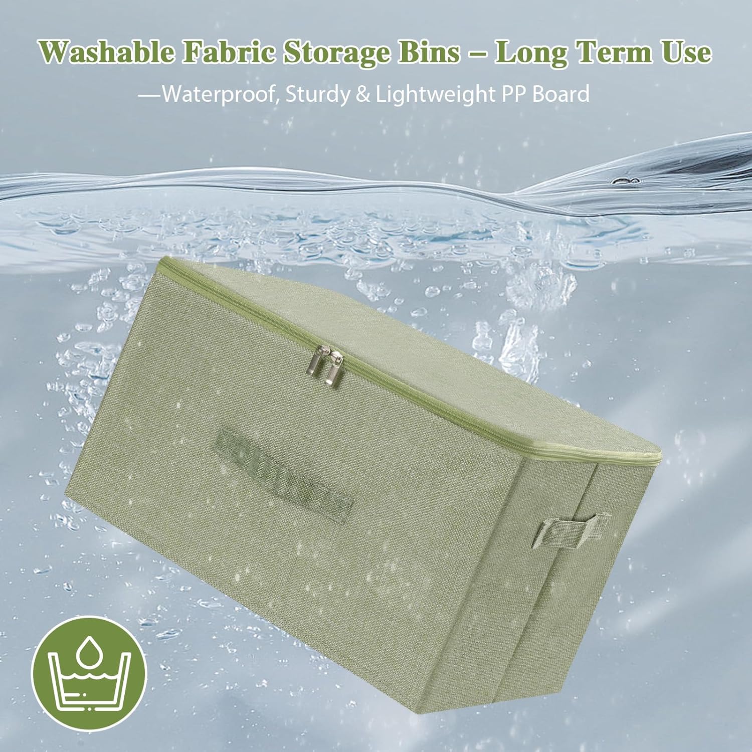 ANMINY Fabric Storage Bins with Zipper Lids, 15"x10"x6", Green, 1 PCS | 15.6Qt Cotton Linen Storage Box, PP Board Frame, Washable Collapsible, with Handles & 3-side Open Lid, Stackable, Small
