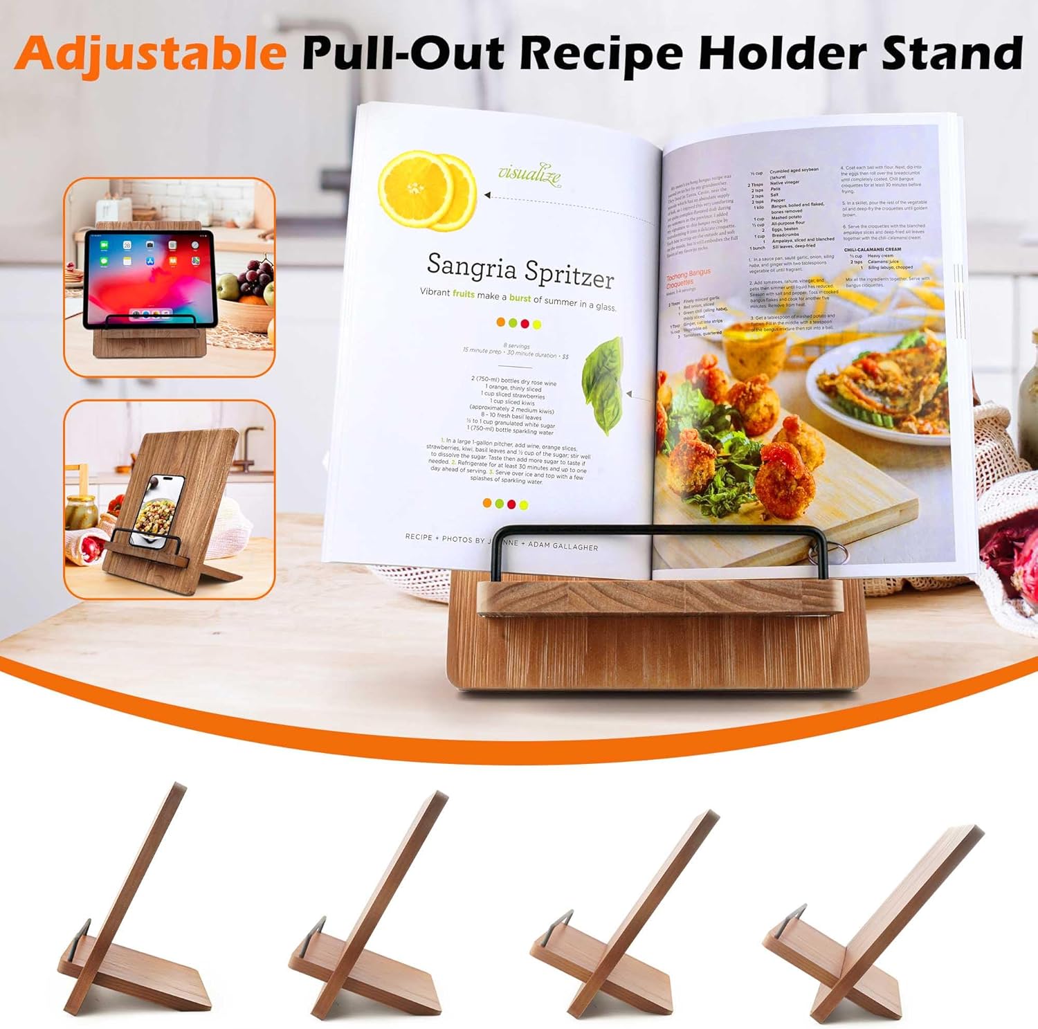 Wood Cookbook Stand Cookbook Holder: Kitchen Adjustable Cookbook Holder Recipe Stand for Counter Brown