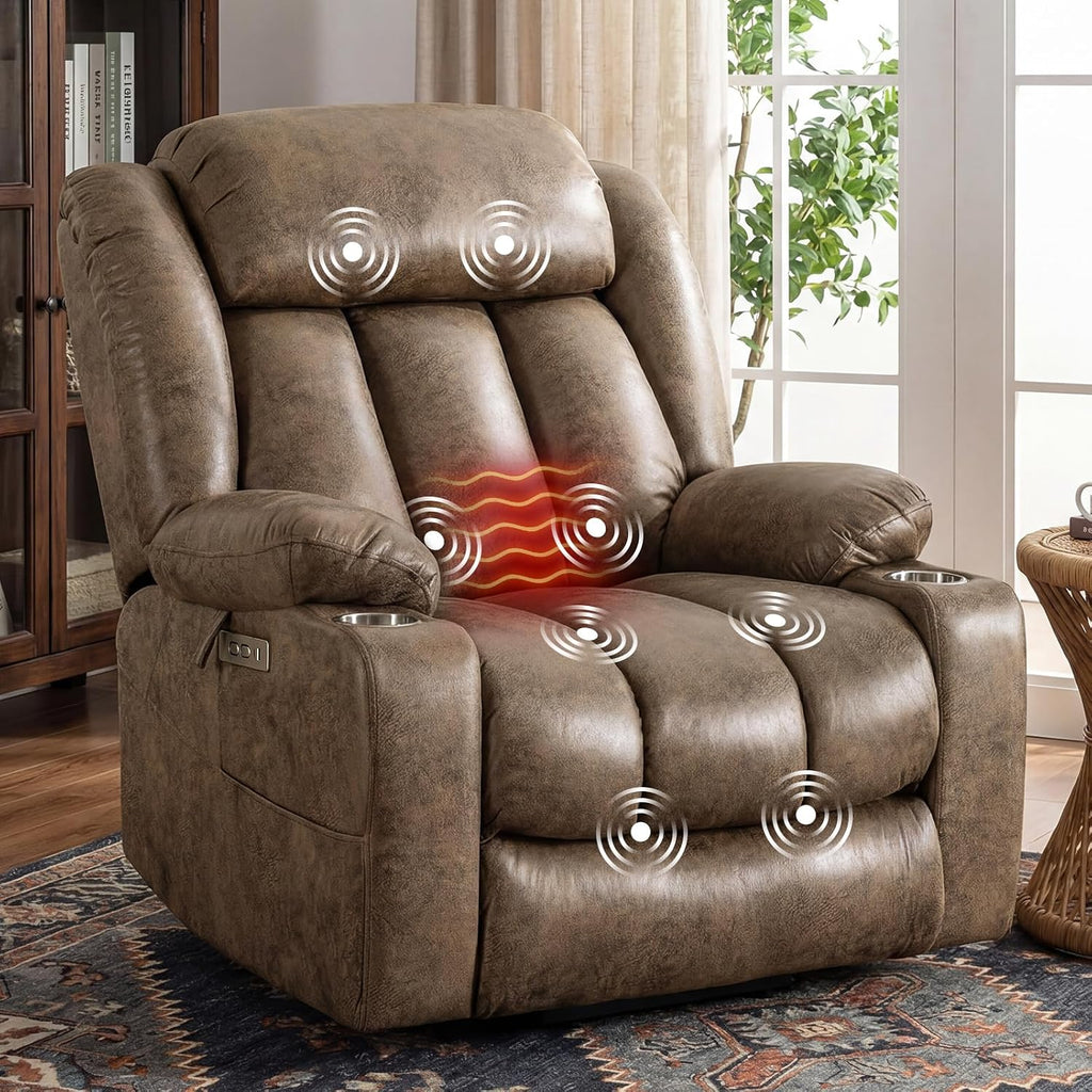 Oversized Power Lift Recliner Chair, Big and Tall, Light Brown | Lift Chairs with Massage and Heating, Breathable Faux Leather with Metal Cup Holders, USB A&C Ports