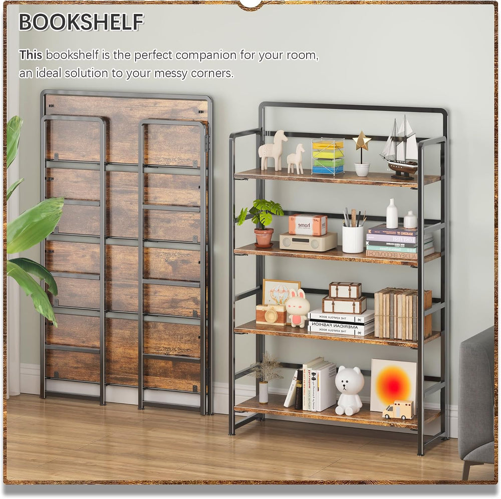4NM No Assembly Extra Wide 4 Tier Folding Bookshelf Storage Shelves Vintage B...