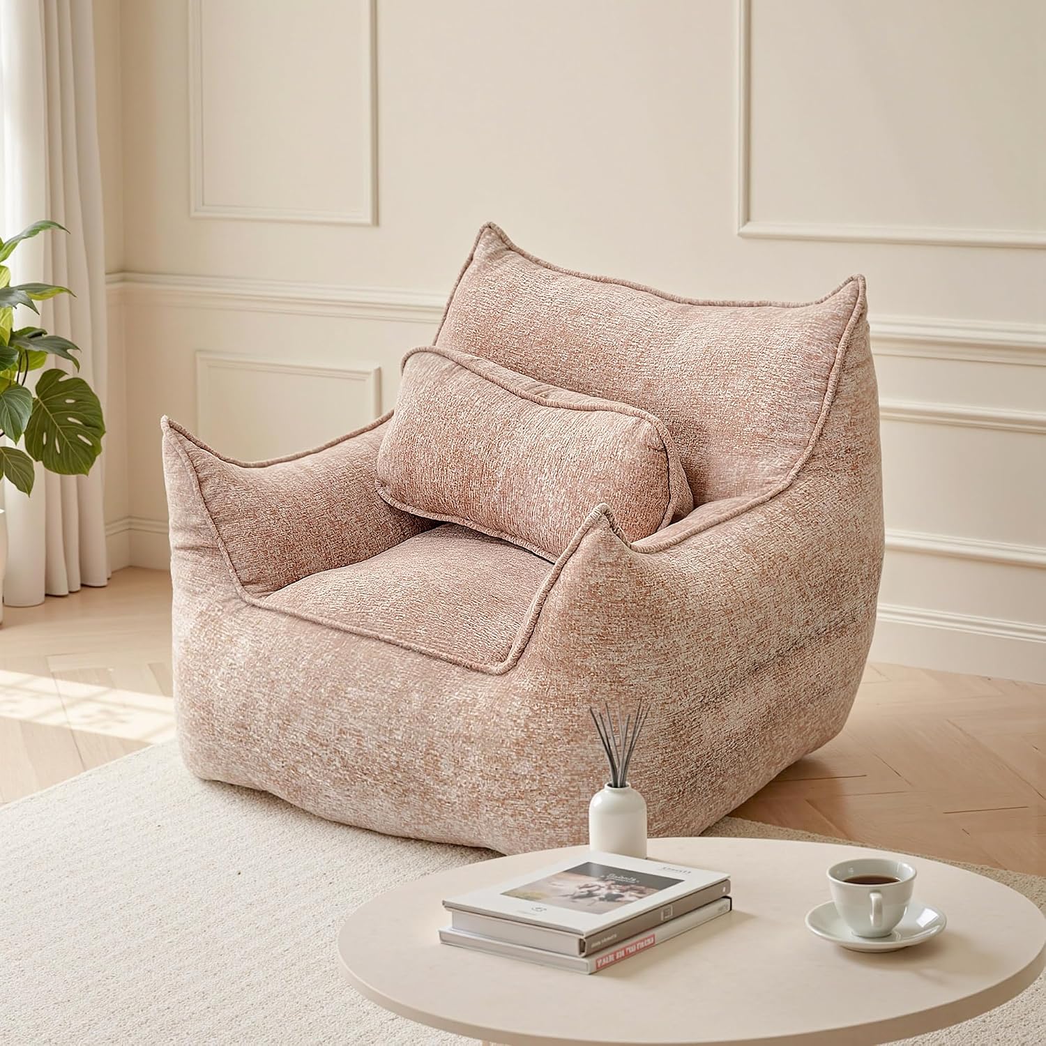 Bean Bag Chairs for Adults, Boneless Chair with Pillow for Bedroom, Khaki | Soft Foam Filled Floor Chair for Living Room, Bedroom, Lazy Sofa, Vacuum Packed Easy to Gift, 48H to Expand