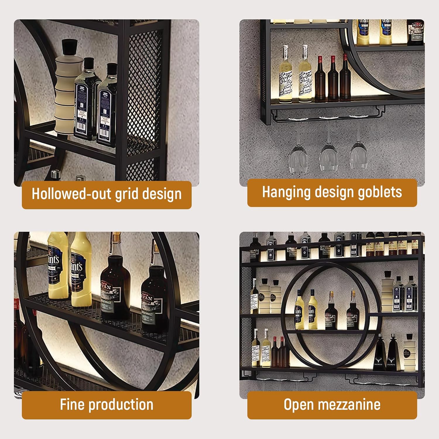 Metal Wine Rack Wall Mounted with LED Light, Modern 3-Tier Glass Holder and Stemware Shelves for Kitchen, Bar, Dining Room (Black, 100cm/39.4in)