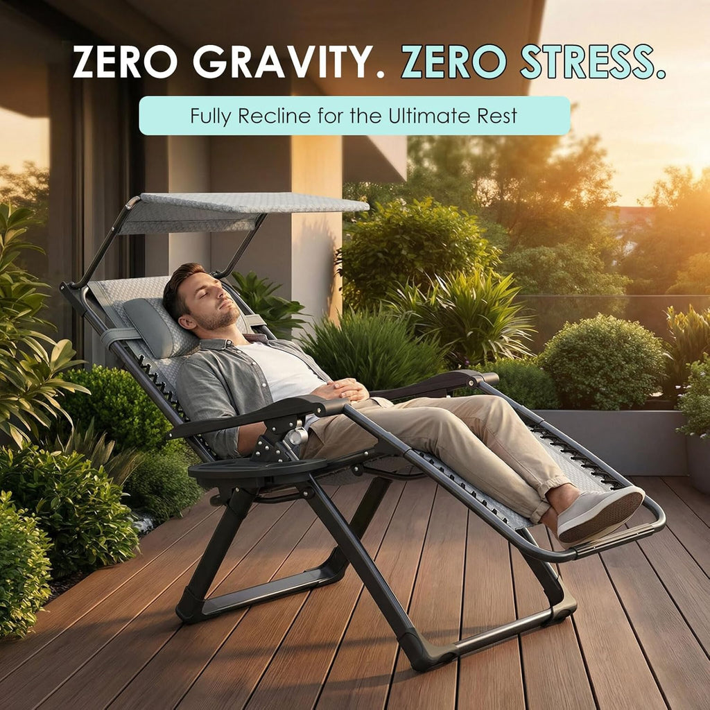 ATORPOK Zero Gravity Chair with Canopy, Folding Patio Recliner 450lbs | Padded Seat & Backrest; Adjustable Reclining Chair; Headrest & Cup Holder; Outdoor Lounge Chair for Patio, Poolside & Beach