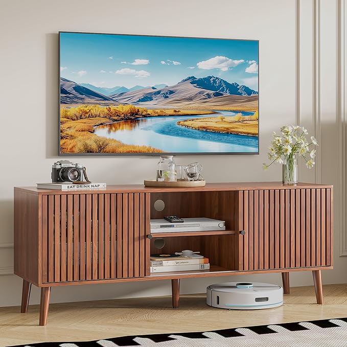Mid Century Modern TV Stand for Televisions up to 60 Inches, with Sliding Doors and Storage, Television Stands, TV Consoles, Media Consoles for Living Room(Walnut-51.2inch)