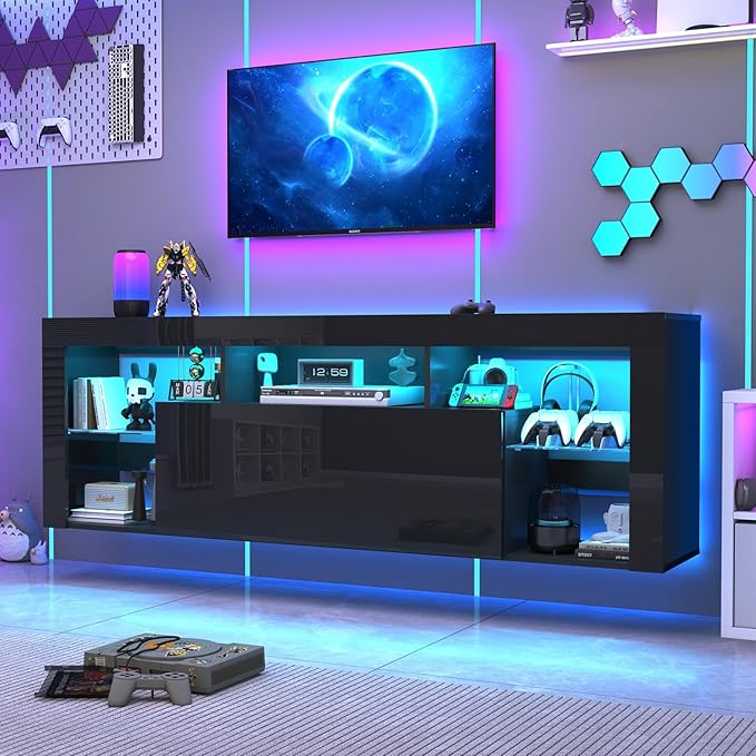 71" Floating High Gloss LED TV Stand for up to 85" TVs, Wall-Mounted Entertainment Center, Modern Media Console w/USB Outlets, Open Adjustable Glass Shelf&Hidden Storage Cabinet, Black