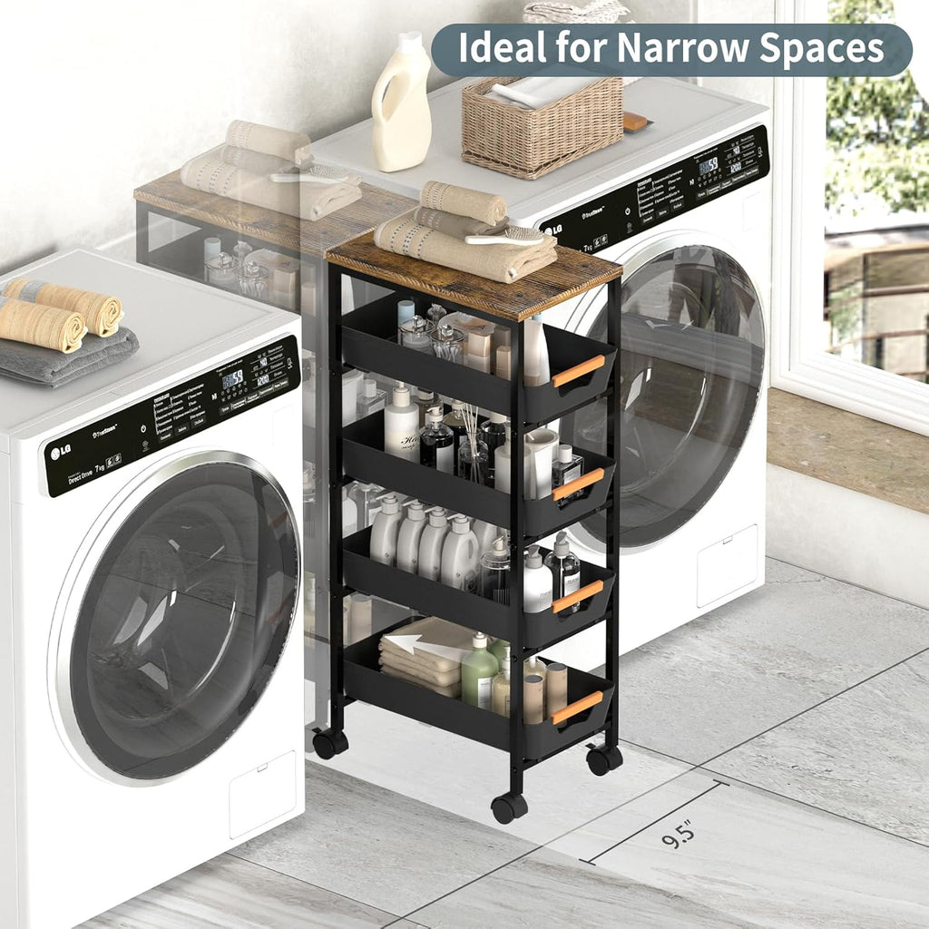 5 Tier Slim Rolling Utility Cart with Drawers Pull-Out Design Slim Storage Cart with Metal Frame and Wooden Top for Narrow Space in Home Kitchen Bathroom Black (Width 9.5 Inches)