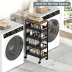 5 Tier Slim Rolling Utility Cart with Drawers Pull-Out Design Slim Storage Cart with Metal Frame and Wooden Top for Narrow Space in Home Kitchen Bathroom Black (Width 9.5 Inches)