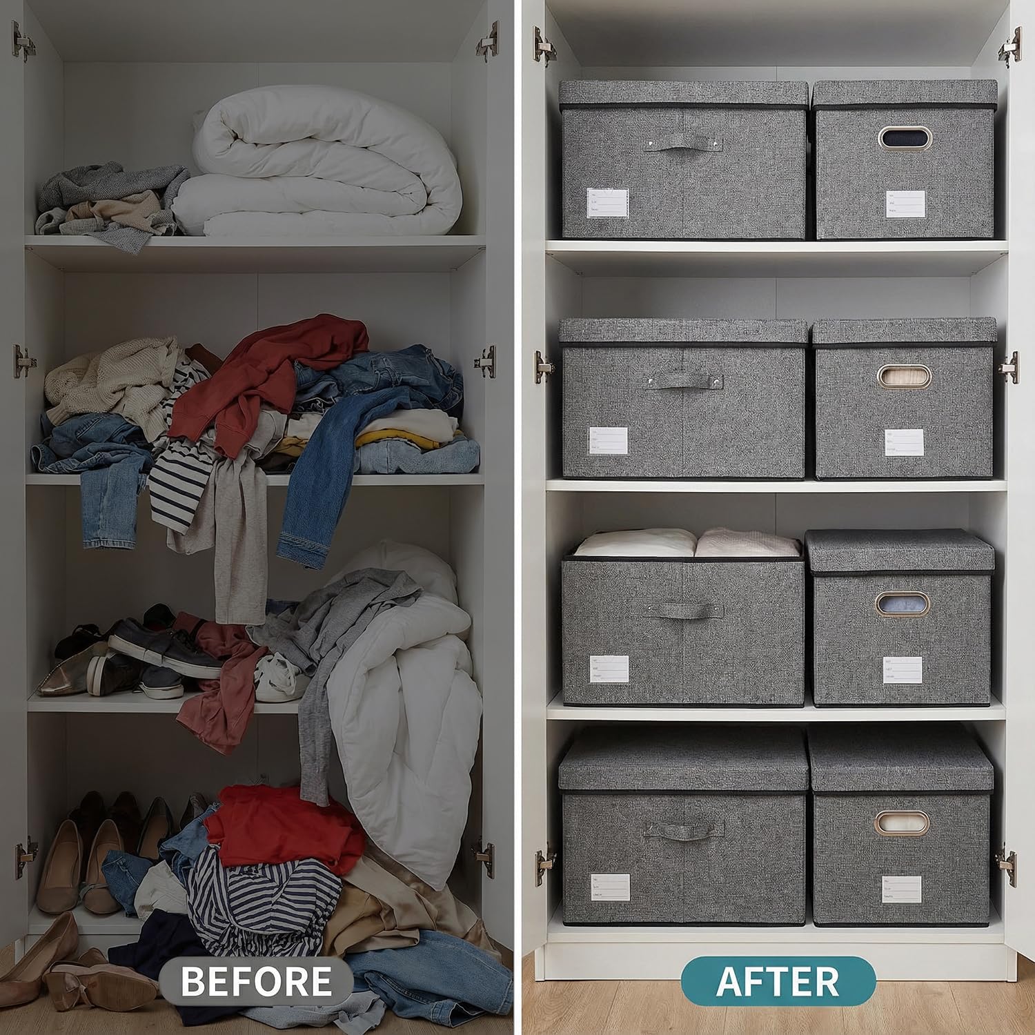 Storage Bins with Lids [3-Pack] Linen Fabric Foldable Storage Boxes Organizer Containers Baskets Cube with Cover for Bedroom Closet Office Grey(23.4X15.9X11.4)