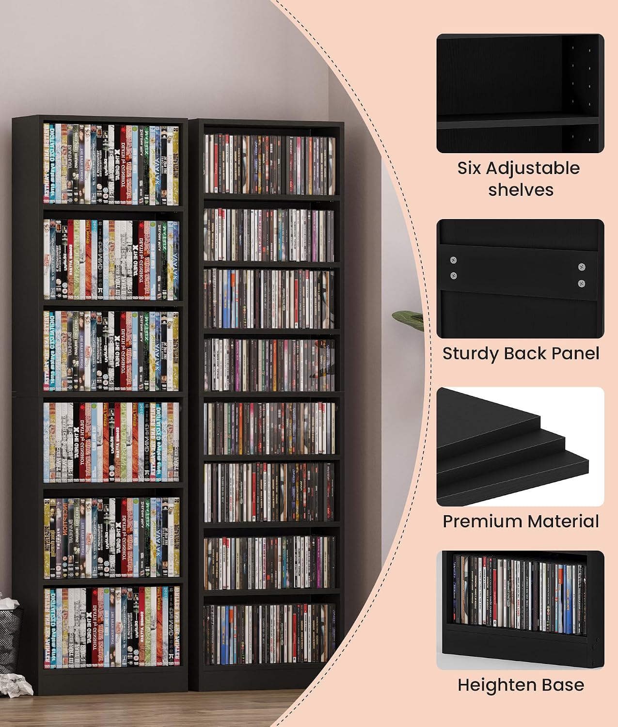 6 Tier DVD Storage Shelf, Media Shelf with Adjustable Shelves, Black | Media Organizer Shelf for DVDs, Video Games & Movies, Holds Up to 150+ DVDs