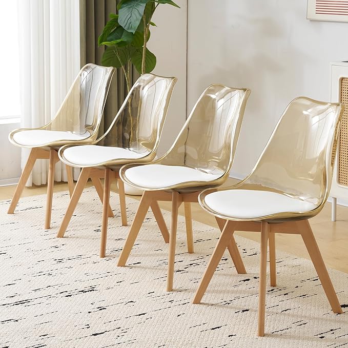 Clear Dining Chairs Set of 4, Modern Acrylic Dining Chair Transparent Chairs with PU Leather Cushions Seat & Wood Legs, Side Chairs for Dining Room Kitchen Restaurant Balcony (Yellow)