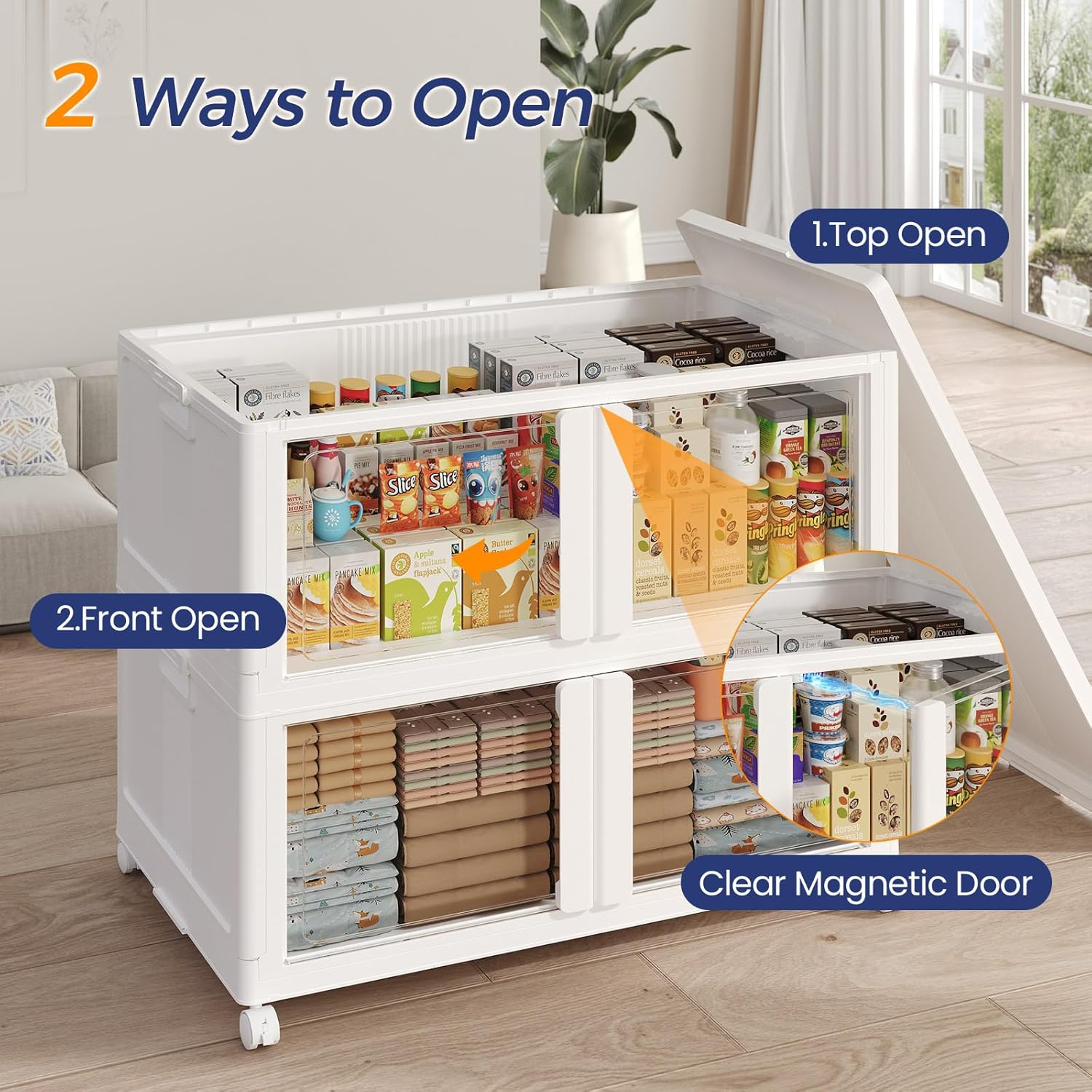 1000Qt Stackable Storage Bins with Lid and Wheel, 250Gal Plastic Closet Organizer and Storage Drawer, Large Collapsible Storage Box Cabinet with Clear Door for Home Kitchen Office, 5Pack White