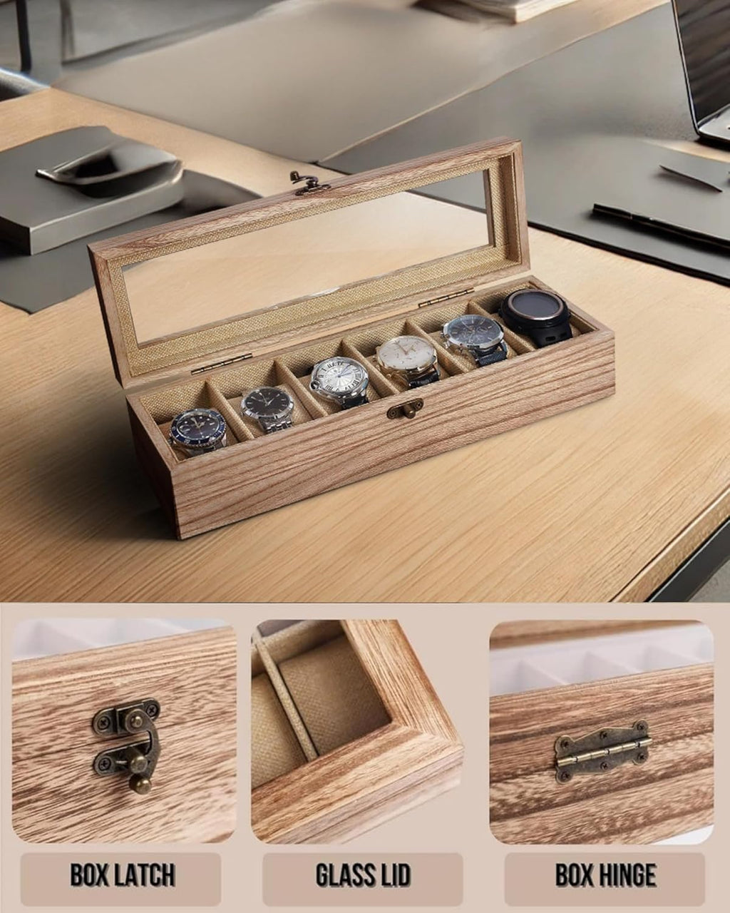 Watch Box, Watch Case for Men Women with Large Glass Lid, Wooden Watch Display Storage Box with 6 - Slots, Weathered Wood Mens Watch Box Organizer