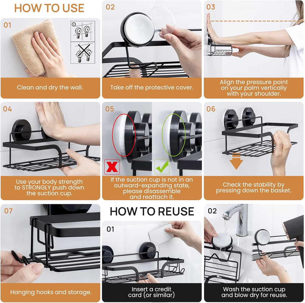 LEVERLOC Shower Caddy Suction Cup, 2 Pack Shower Shelves for Inside, Black Rustproof Metal Bathroom Storage NO-Drilling Bathroom Organizer with Large Capacity, Heavy Duty Storage Basket