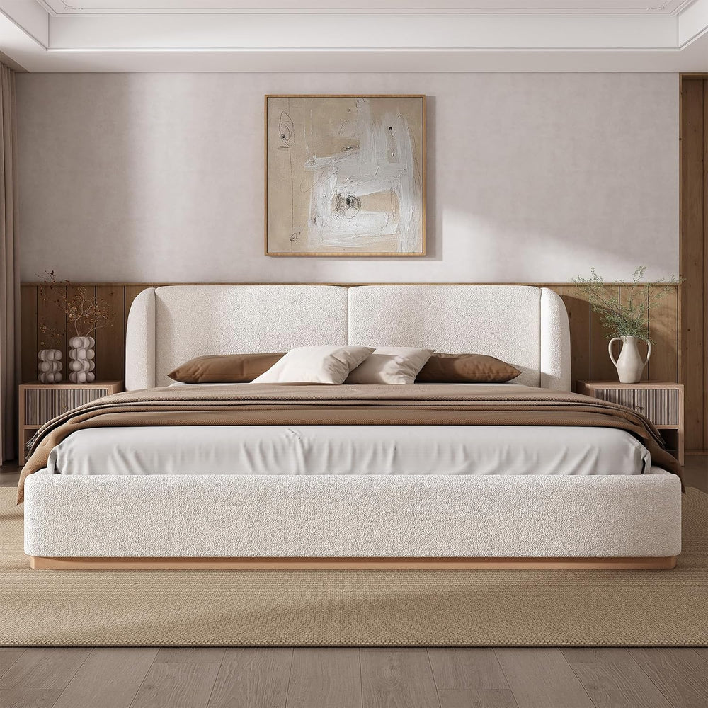 King Size Bed Frame, Rounded Wingback Headboard, Boucle Fabric