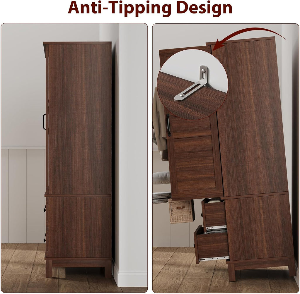Heavy Duty Wooden Armoire Wardrobe Closet – 2 Doors, 72" Tall, Hanging Rod, 18 Adjustable Shelves, Narrow Bedroom Storage Organizer – Walnut Finish, Brown