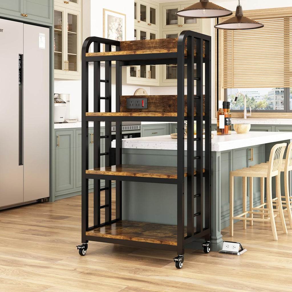 4-Tier Kitchen Bakers Rack with Power Outlet and Rolling Wheels, Microwave Stand with Storage, Adjustable Kitchen Shelves Freestadning, Coffee Bar Station, Bakers Rack for Spices, Pots and Pans, Brown