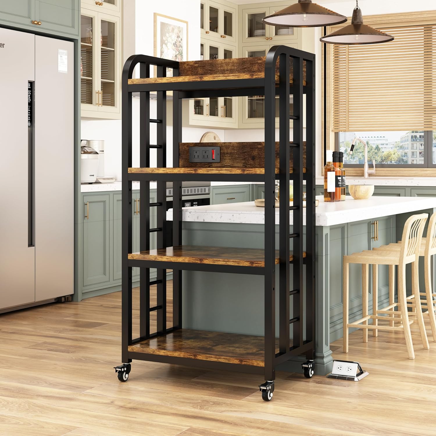4-Tier Kitchen Bakers Rack with Power Outlet and Rolling Wheels, Microwave Stand with Storage, Adjustable Kitchen Shelves Freestadning, Coffee Bar Station, Bakers Rack for Spices, Pots and Pans, Brown