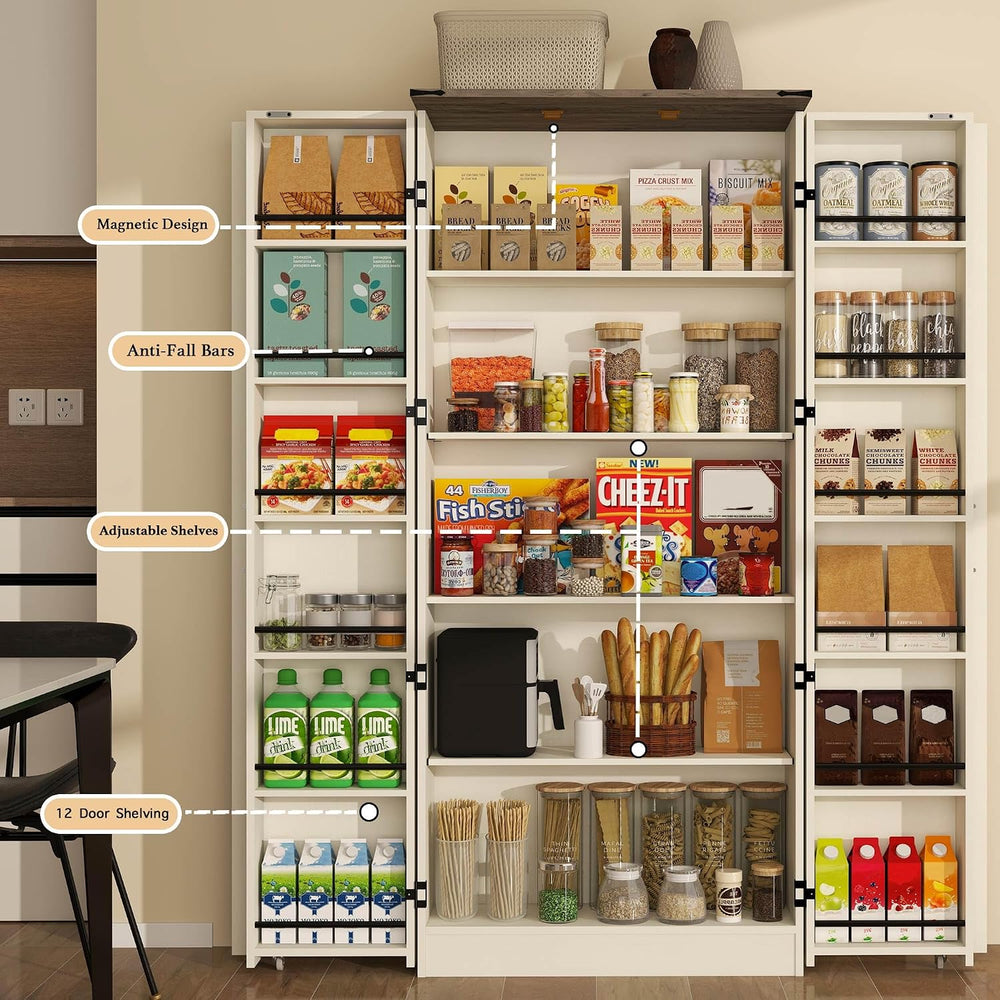 Tall Kitchen Pantry Cabinet, White Wood Storage Cabinet with 2 Doors | Food P...