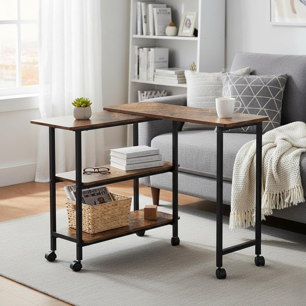 FurnitureR 360° Rotating Sofa Side Table with Storage Shelves, Mobile L-Shape...