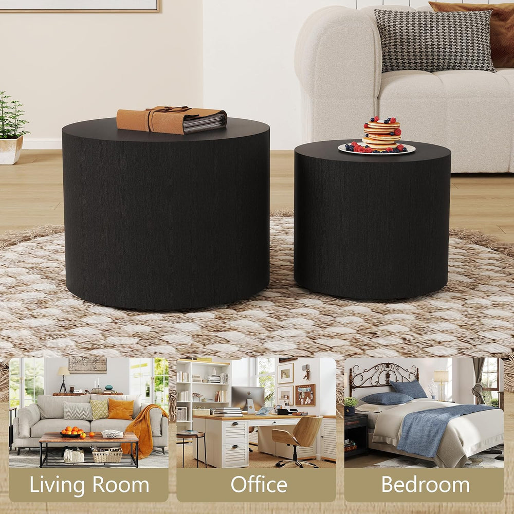 Nesting Coffee Table Set of 2, Round Coffee Table, Black | Modern Wooden Circ...
