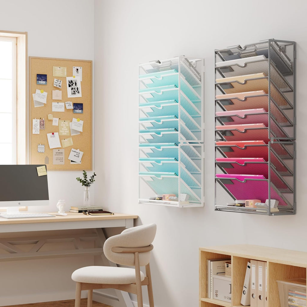 Lavatino 10-Tier Hanging Wall File Folders Organizer - Silver Metal Mesh Paper Magazine Document Mail Holder File Organizer for Office School Home Wall Mount or Desk Supplies Organization