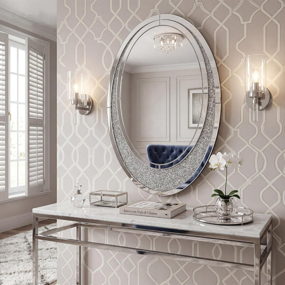 2 Piece Mirrored Console Table & Oval Wall Mirror Set, 39.5" Silver ...