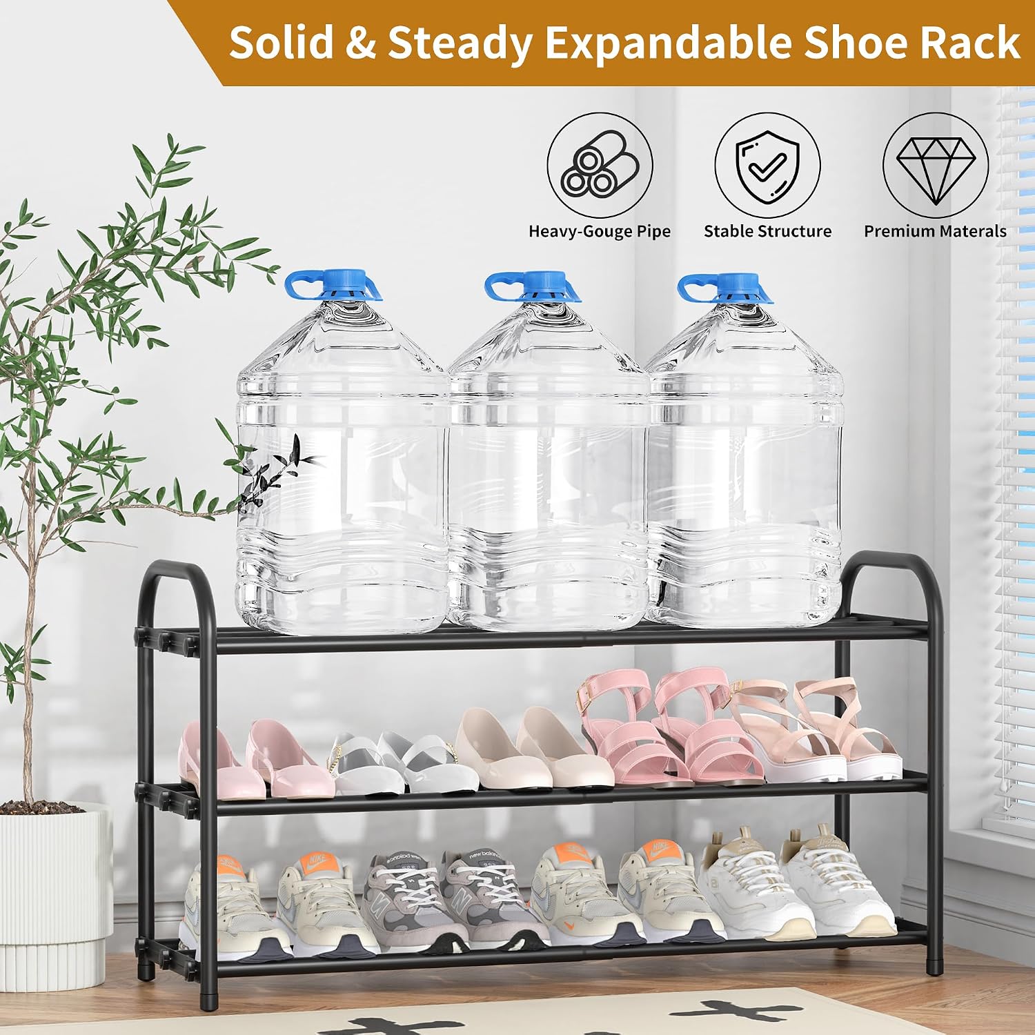 Hleelomi 3-Tier Metal Expandable Shoe Rack for Closet and Entryway Black | Adjustable Shoe Organizer for Closet,Living Room,Dorm,Garage,Fits Small Spaces, Apartments and Rentals