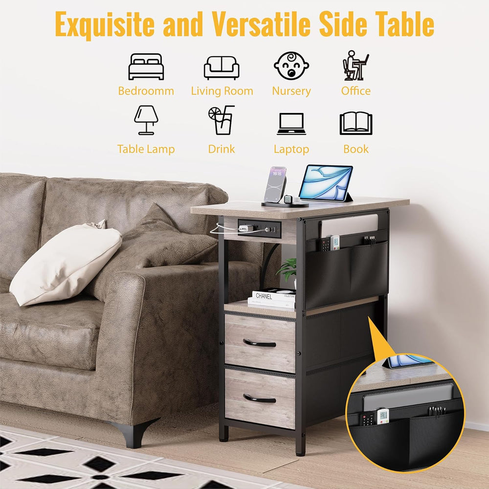 Yenlure Small Side Table with Charging Station, Narrow Nightstand Bedside Tab...