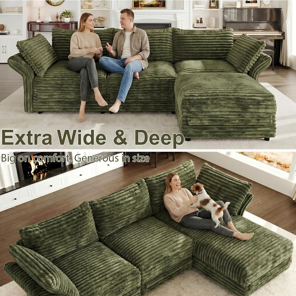 DreamDashio 7-Seat Sectional Sofa, Oversized Extra Wide Deep Seat Giant Detachable Modular Cloud Couch, Certified Corduroy Fabric with Storage & Detachable & Adjustable Arms, for Living Room, Green