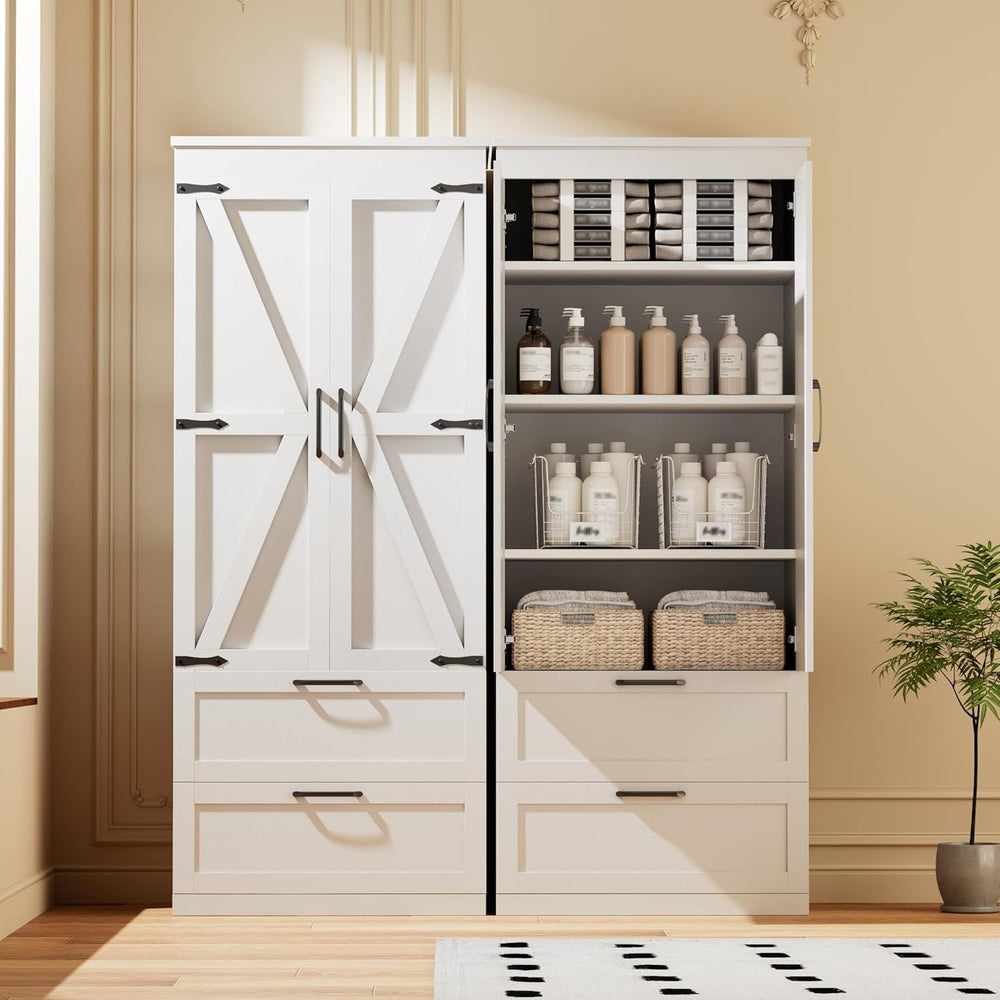71” H Kitchen Pantry Cabinet, 4-Tier Farmhouse Storage Cabinet with Barn Door...