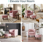 LINSY Accent Chair with Ottoman, Modern Barrel Chair Small Armchair Reading Chair with Footrest, Comfy Round Arms Chair for Living Room Bedroom Reading Room, Velvet, Pink