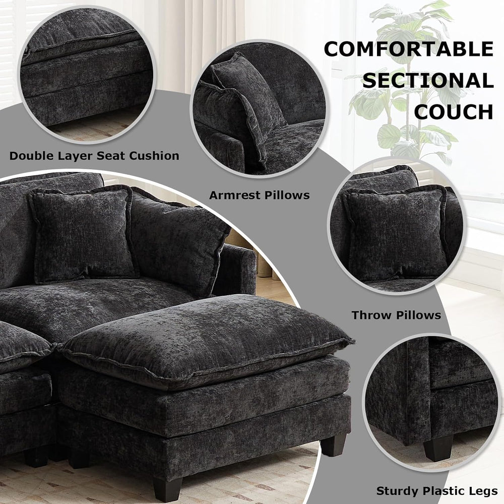 SoarFlash 149.61" Chenille U Shaped Modular Sofa with Ottoman,Black