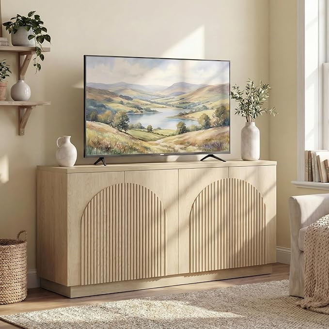 Yechen Fluted TV Stand with Arched Reeded Design Doors, Modern Entertainment Center with Storage for Up to 65 Inch, TV Media Console, TV Cabinet for Living Room, Bedroom/Natutal Oak(1 PCS)