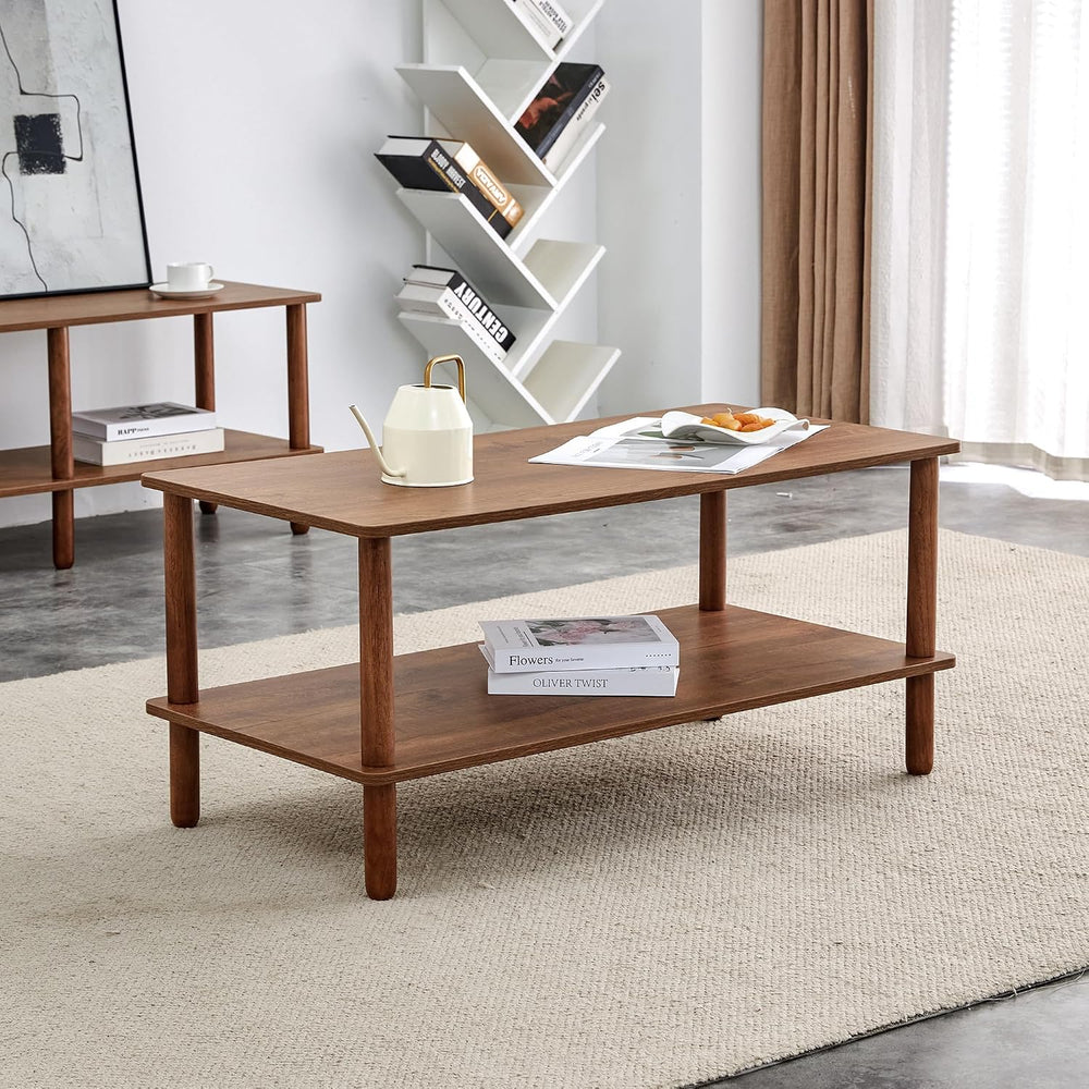 Modern Double-Layer Living Room Coffee Table, Rectangular Center Table with O...