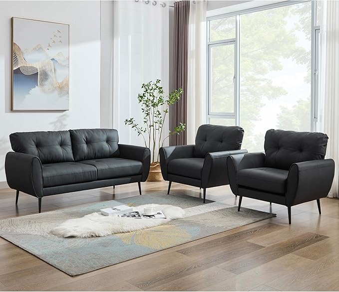 TYBOATLE Sofa Couch 61" Small Loveseat Couches for Living Room Leather Couch Mid Century Modern Tufted Mini Sofa Comfy Office 2 Seat Settee Love Seat for Small Spaces Bedroom (3, Black)