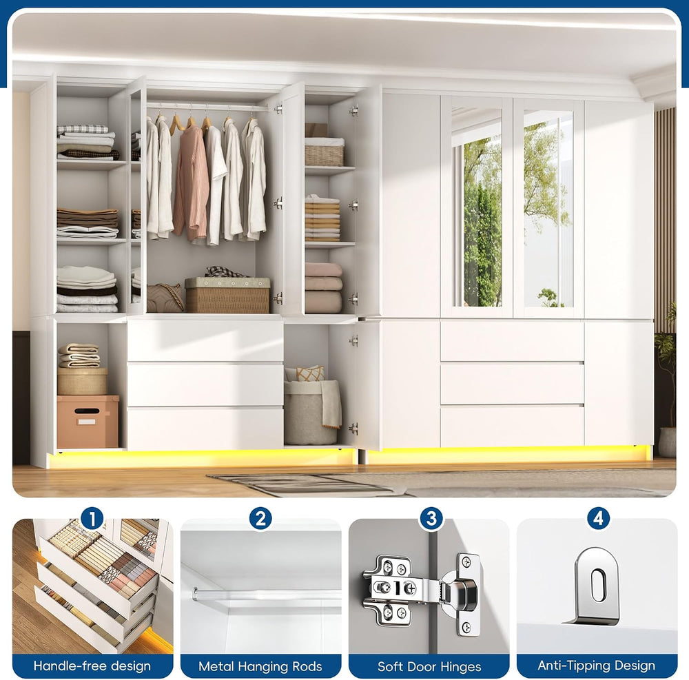 75" Tall Modern Wardrobe Closet with 2 Mirrors,LED Lights, 63"W Arm...
