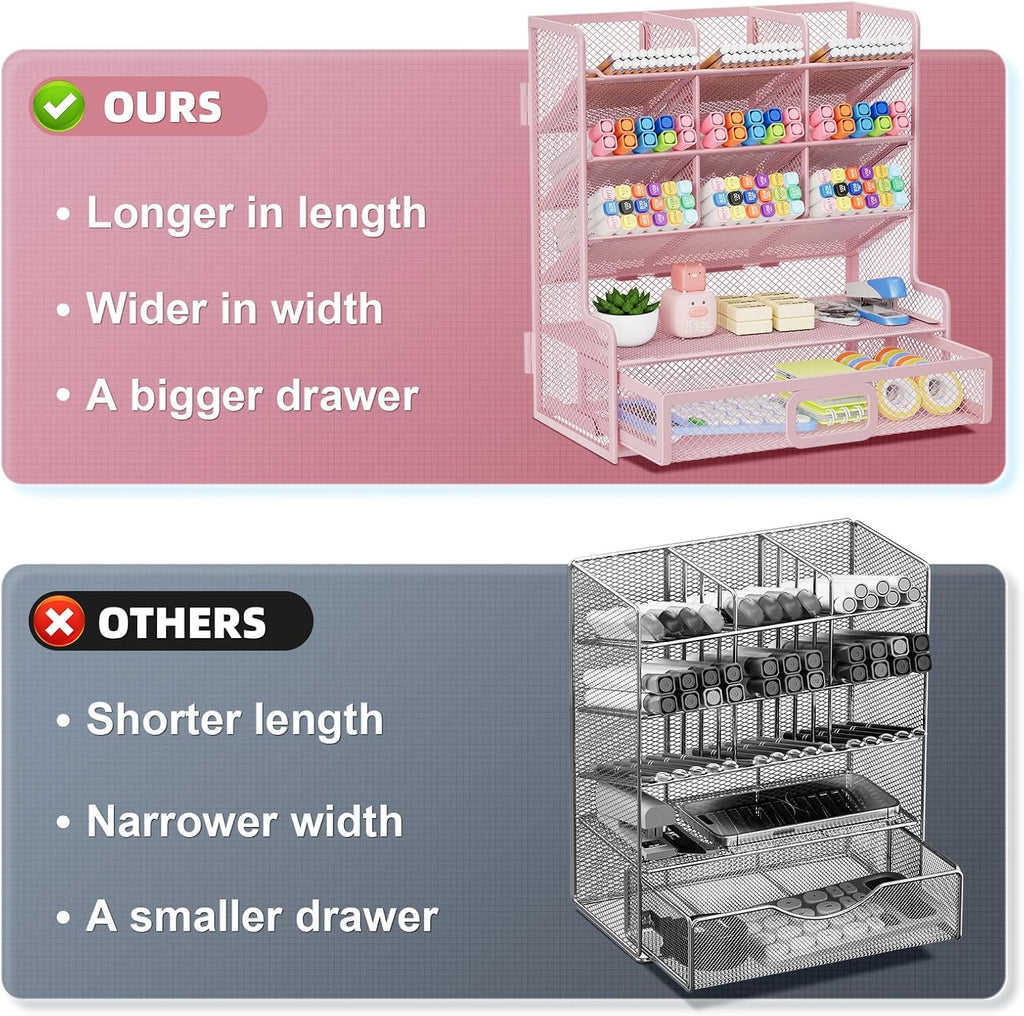Marbrasse Larger Mesh Desk Organizer with Drawer, Multi-Functional Pen Pencil Holder, Easy Assembly, Desk Organizers and Accessories for Office Art Supplies (Pink)