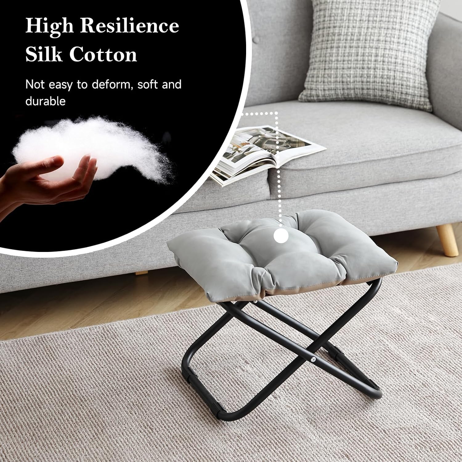 Welnow Folding Ottoman Foot Stool with Detachable Cushion,16'' H, Light Grey