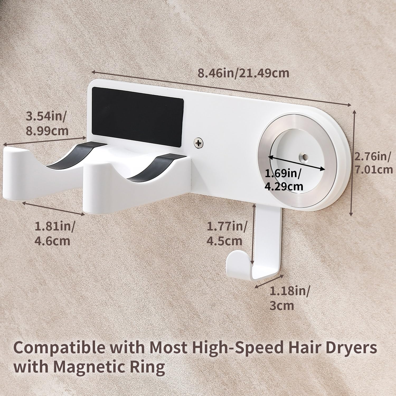 Hair Dryer Holder Wall Mounted, Hair Dryer Organizer Self Adhesive Compatible with Dyson Blow Dryer Holder Aluminum BlowDryer Holder Wall Mounted for Bathroom White